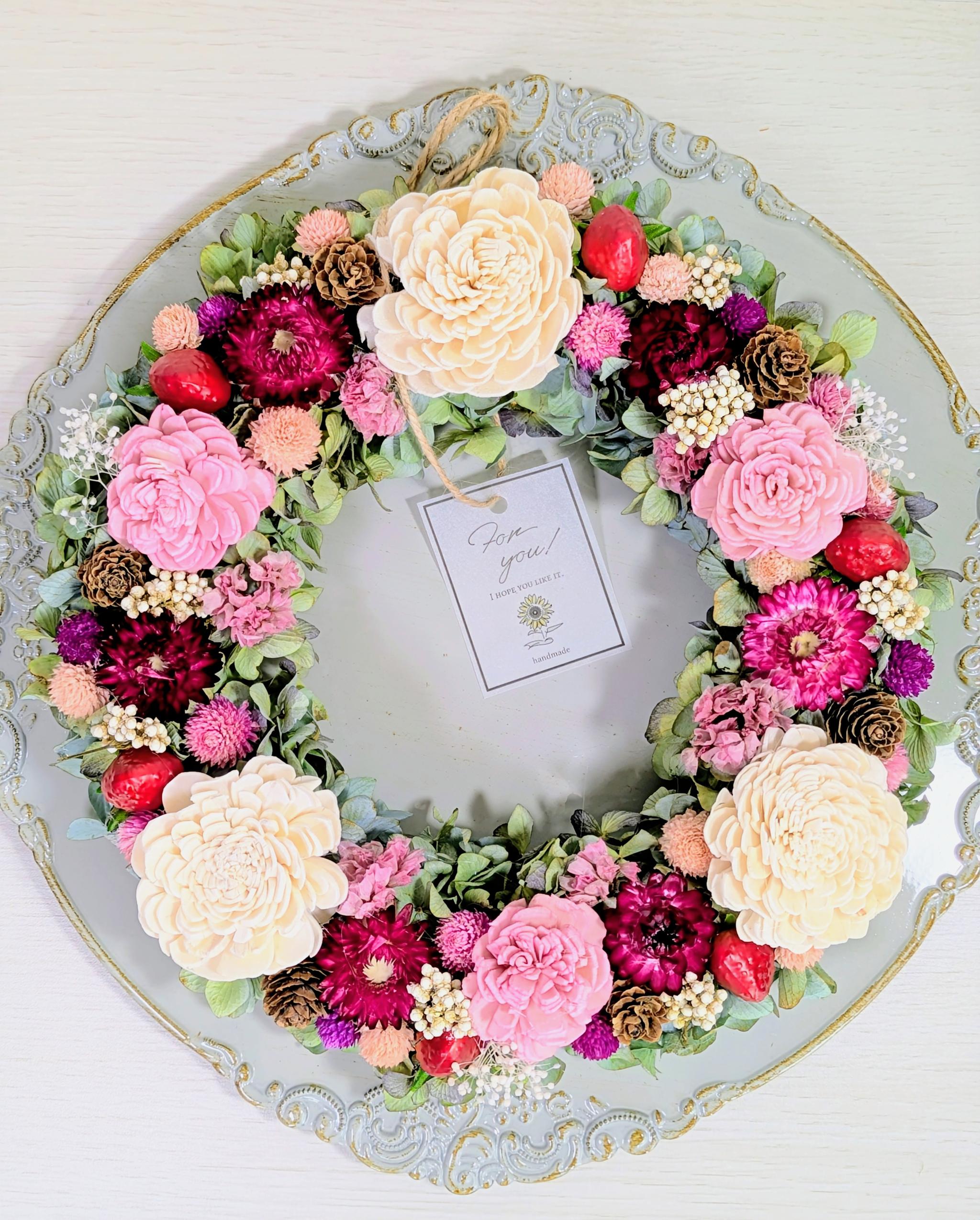 ドライフラワー　ローズと紫陽花のストロベリーリース | 3枚目