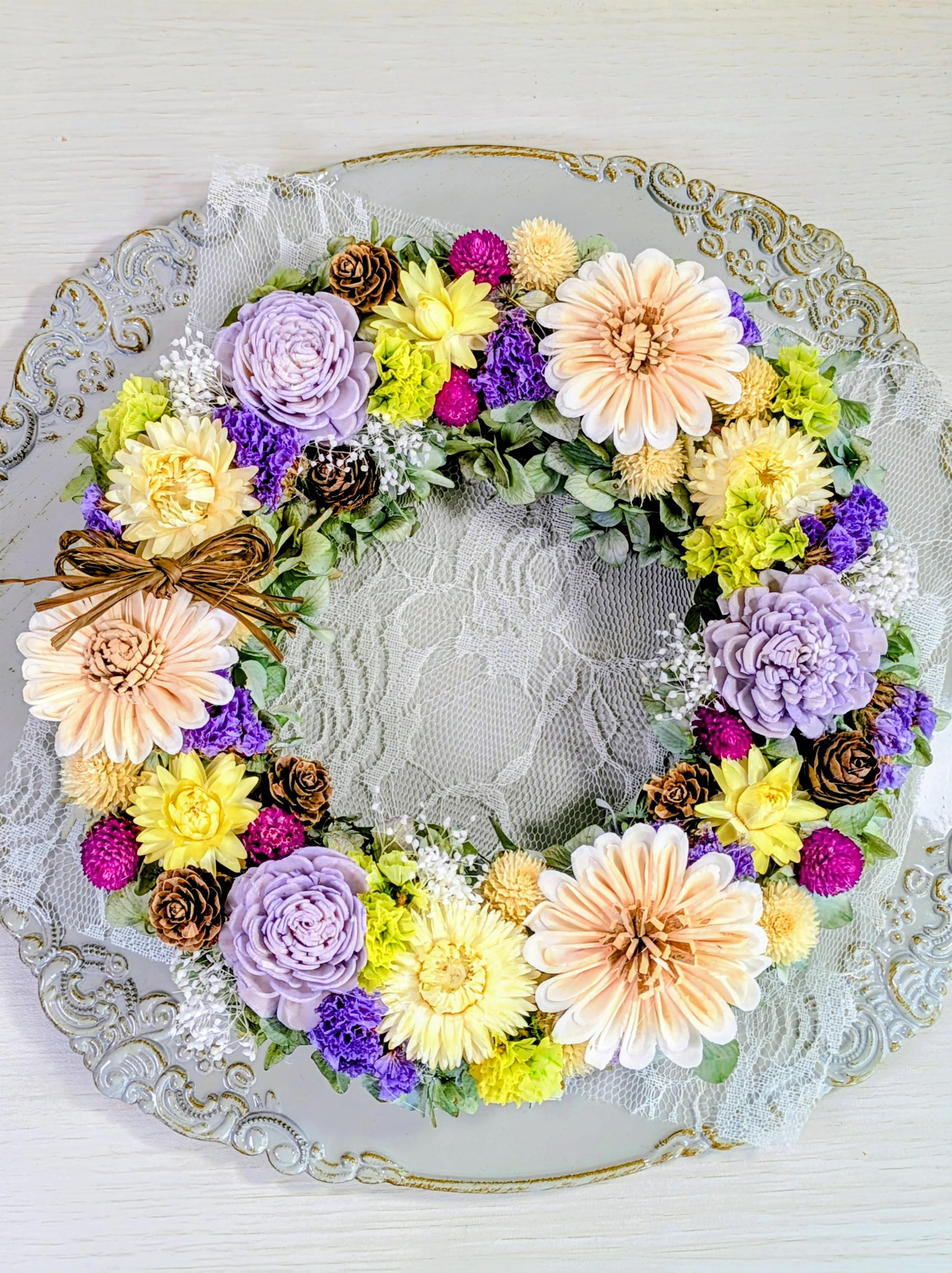 ソーラーデイジーと紫陽花のドライフラワーリース