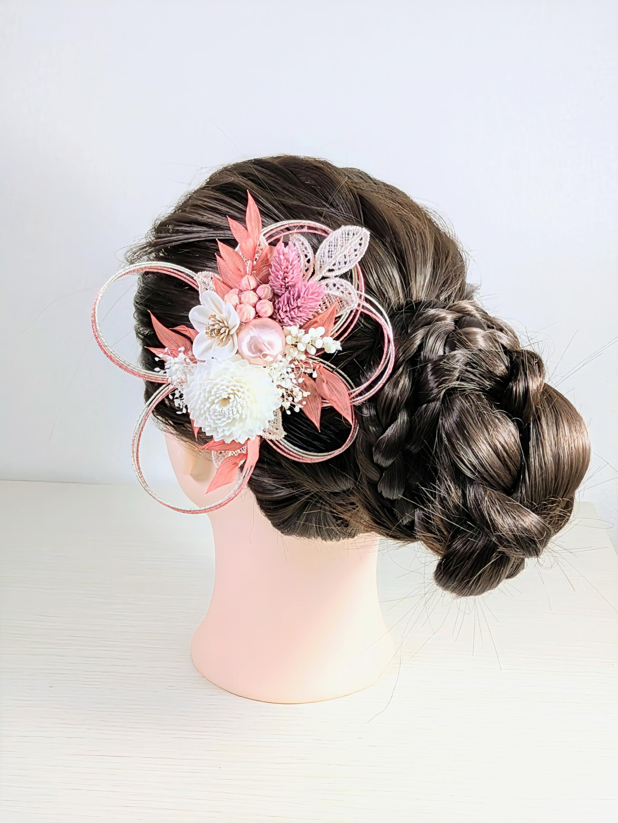 ソラフラワーとドライフラワーのワンタッチ髪飾り大小セット　ピンク