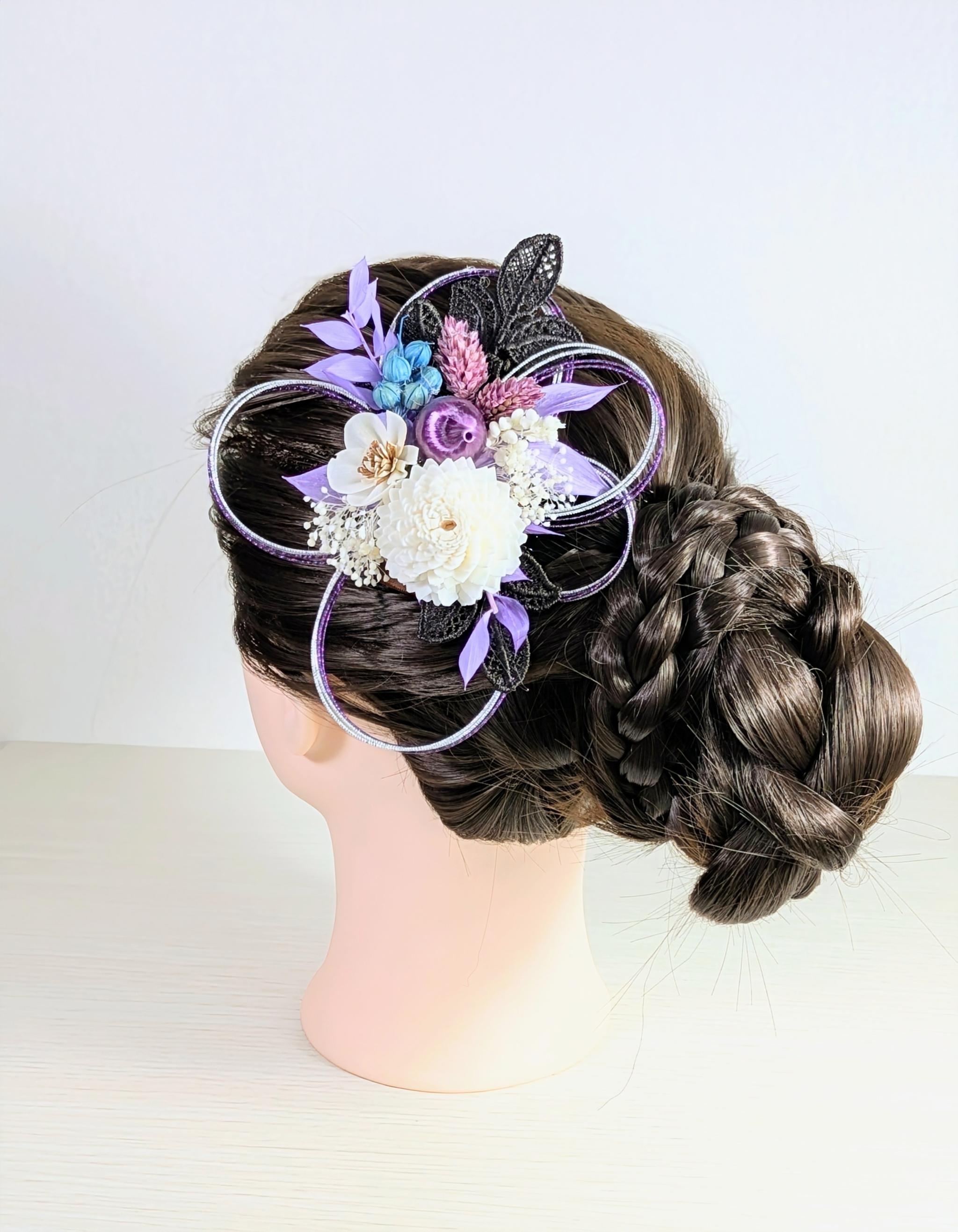 ソラフラワーとドライフラワーのワンタッチ髪飾り大小セット　紫