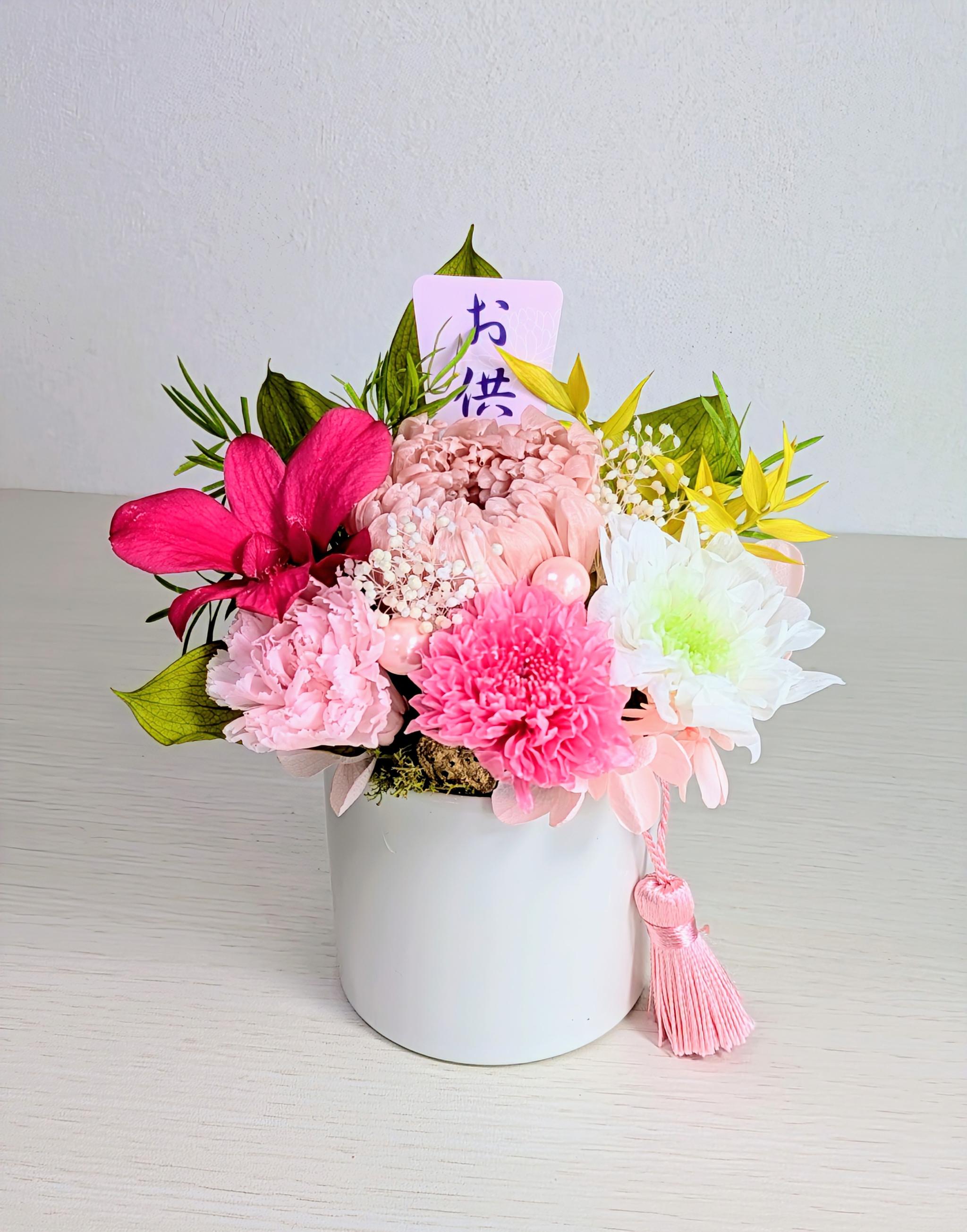 プリザーブドフラワー仏花　お供え　クリアケース入　ピンク